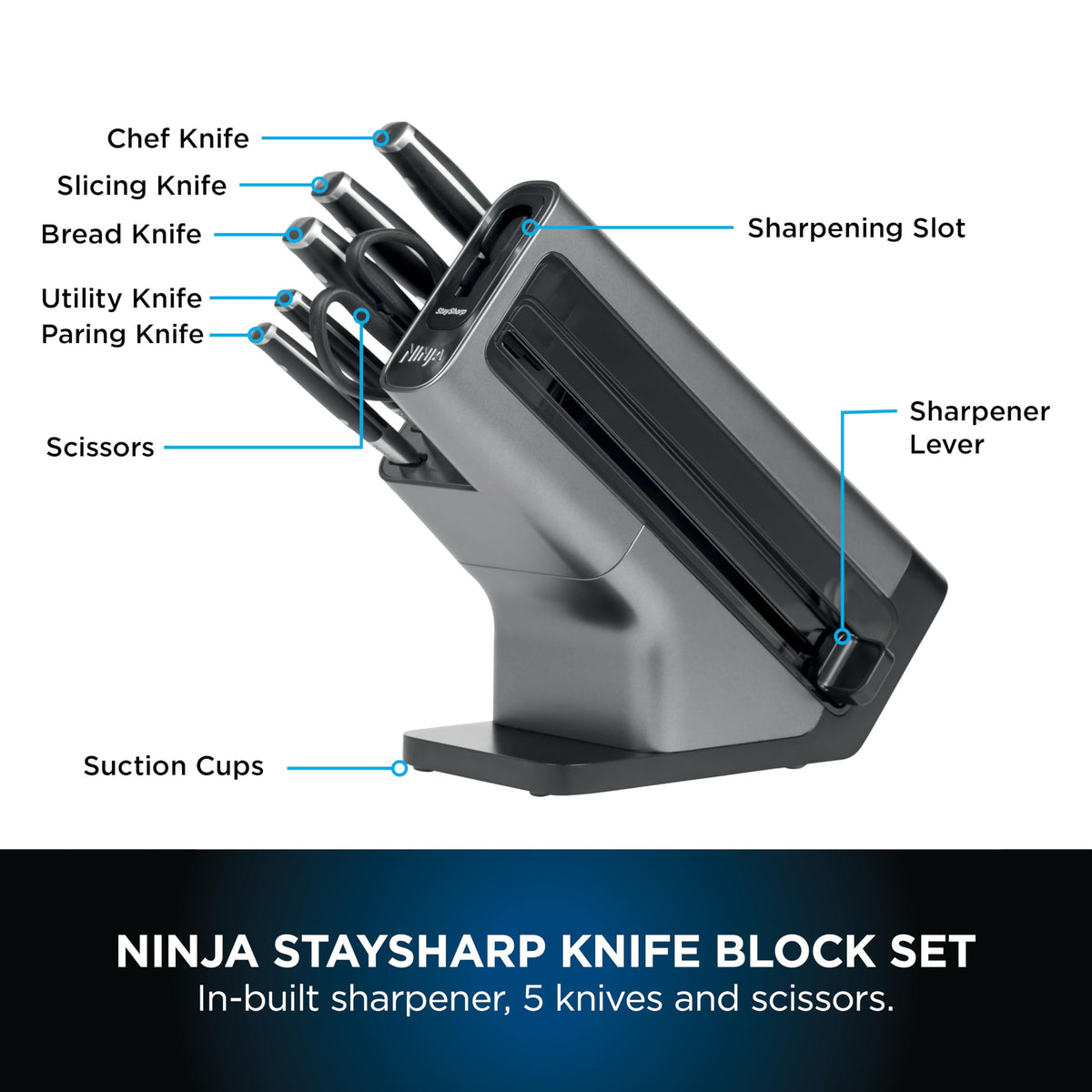 Ninja Foodi StaySharp Knife Block with Integrated Sharpener; 5 Knives and Scissors (1 pair), Sharp 6-Piece Knife Set