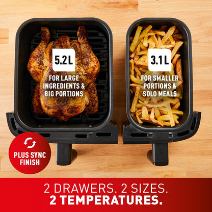 Tefal Easy Fry Dual Zone Digital Air Fryer, 2 Drawers, 8.3L, 8in1, Air Fry, Extra Crisp, Roast, Bake