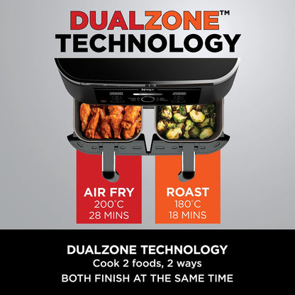 Ninja Foodi Dual Zone Digital Air Fryer, 2 Drawers, 7.6L, 6-in-1, Uses No Oil, Air Fry, Max Crisp, Roast