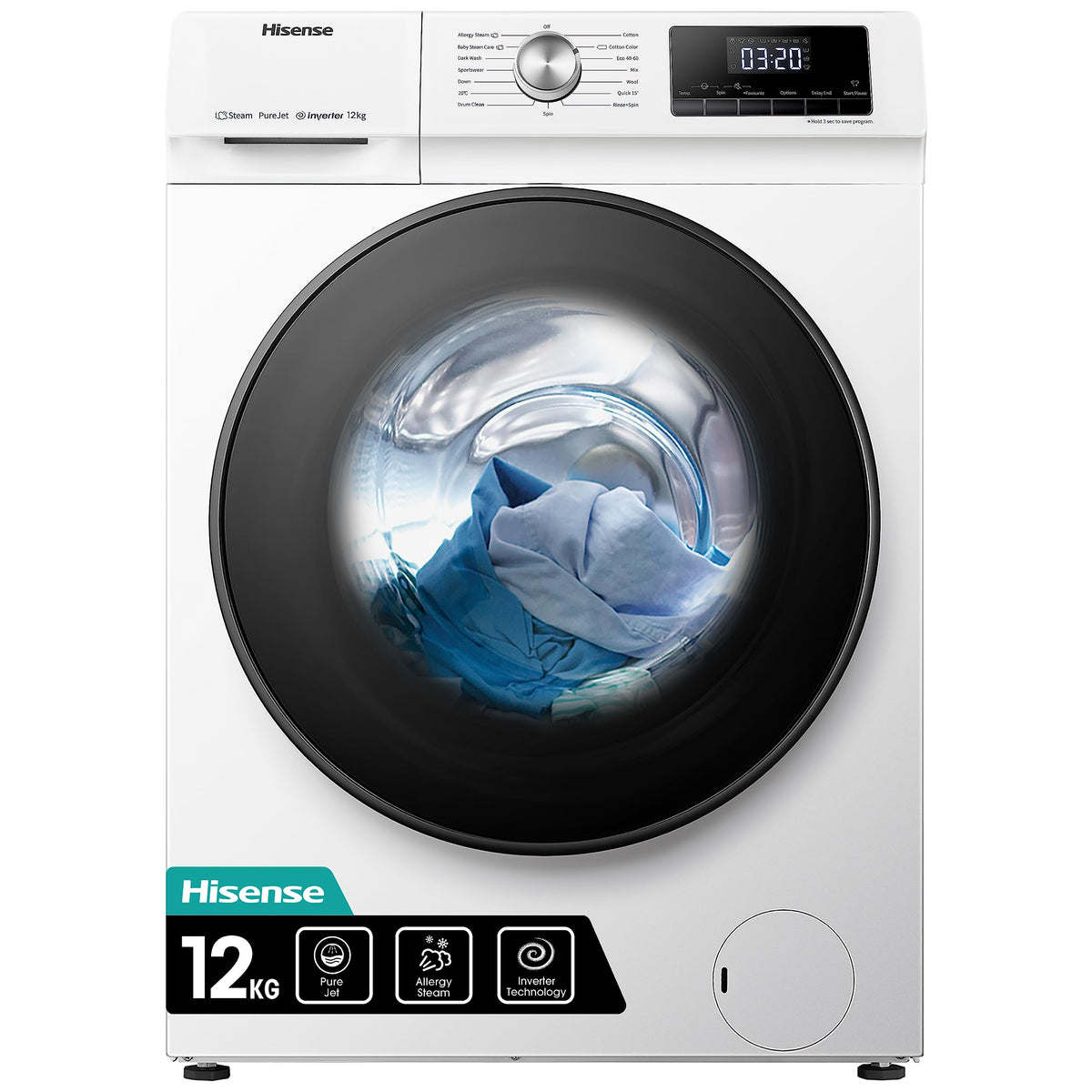 Freestanding Front Load Washing Machine – 12kg, Inverter Motor, 15 Programs, Quick & Steam Wash, 1400 RPM, White, Energy Class A